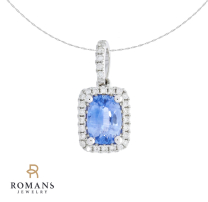 Sapphire Diamond Halo Pendant Necklace 14K White Gold .91CTW