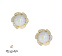 Button Pearl and Diamond Earrings 14K Yellow Gold 