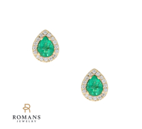 Emerald Diamond Halo Earrings 14K Yellow Gold 
