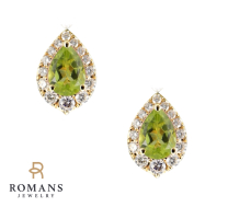 Pear Peridot Diamond Halo Earrings 14K Yellow Gold