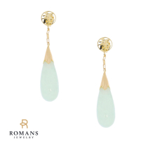 Chinese Fú 福 Tear Drop Jade Dangle Stud Earrings 14K Yellow Gold