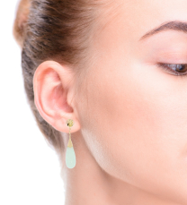 Chinese Fú 福 Tear Drop Jade Dangle Stud Earrings 14K Yellow Gold