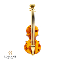 Vintage Amber Violin Brooch 14K Yellow Gold
