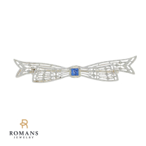 Vintage Blue Sapphire Brooch 14K White Gold