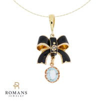 Aquamarine Vintage Bow-Ribbon Seed Pearl 14K Two Tone Gold Pendant 1.38CT