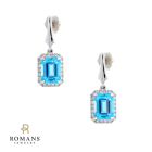 Swiss Blue Topaz Diamond Halo Earrings 14K White Gold Earrings  4.17 CTW