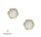 Button Pearl and Diamond Earrings 14K Yellow Gold 
