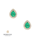 Emerald Diamond Halo Earrings 14K Yellow Gold 