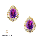 Pear Amethyst Diamond Halo Earrings 14K Yellow Gold