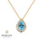 Blue Topaz Halo Diamond Pendant 14K Yellow Gold